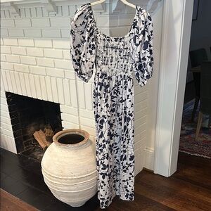 La Ligne Navy and White Smocked Sundress with Puff Sleeves